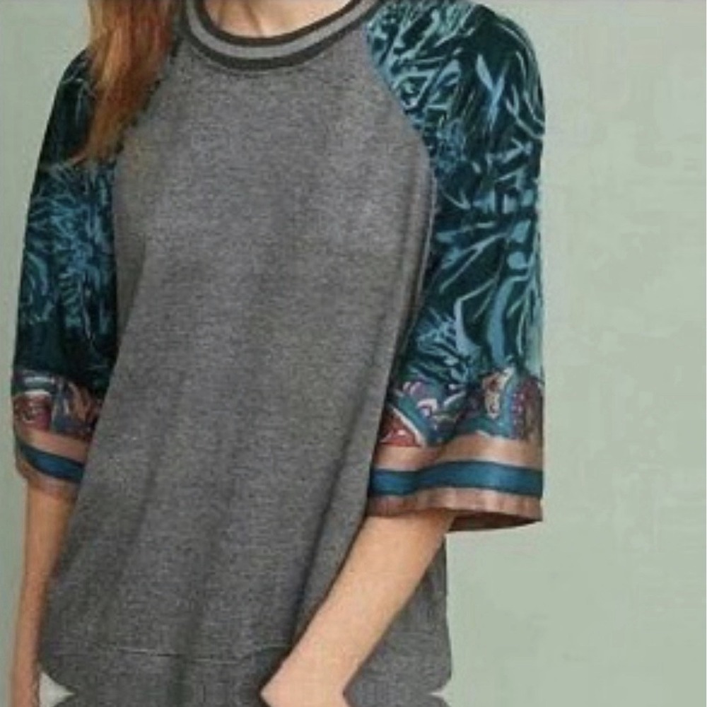 Anthropologie Heather Gray Tunic with Teal Patterned Sleeves